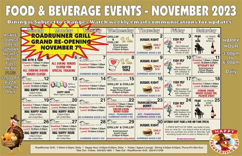 Saddlebrooke Monthly Dining Calendar