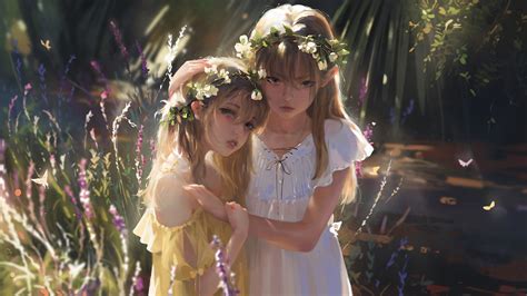 2girls Blonde Hair Blue Eyes Butterfly Dress Flowers Forest G Tz