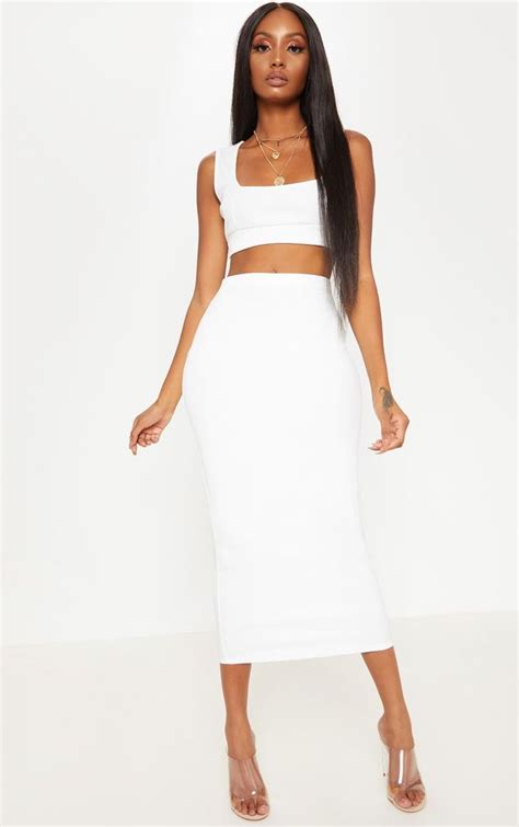 White Rib Midaxi Skirt Skirts Two Piece Skirt Set Fashion
