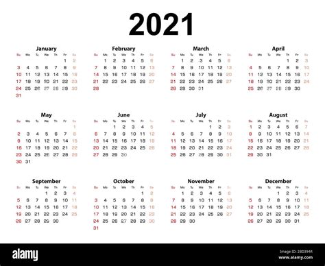 Calendar Layout For 2021 Year Week Starts From Sunday Simple Vector