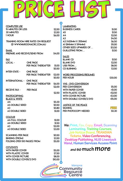 Difference between retail and wholesale. Price List - Waroona Community Resource Centre