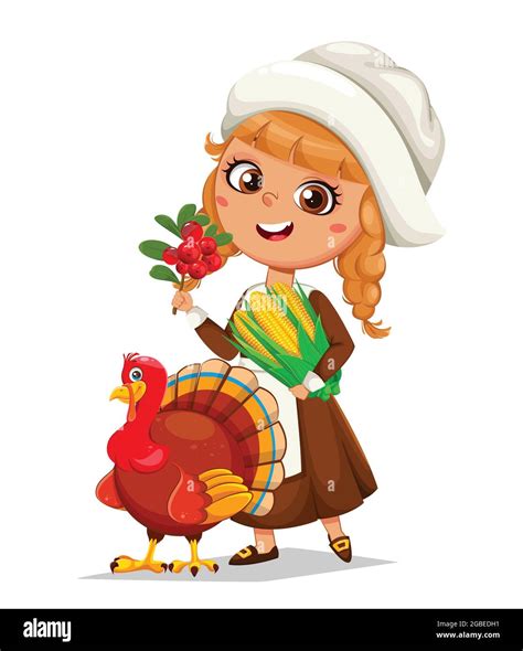 happy thanksgiving day cute little pilgrim girl and turkey bird cartoon characters stock