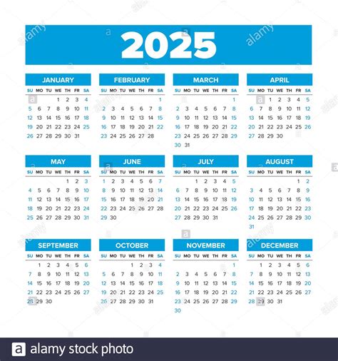 Simple Vector Calendar 2025 Weeks Start On Sunday Stock Vector Image