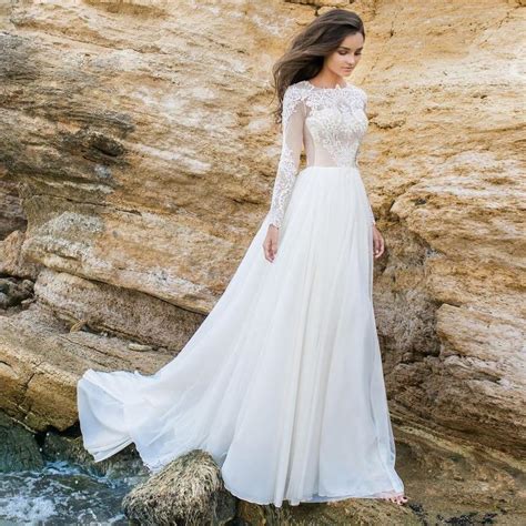 The dress has a modest. Long Sleeve White Lace Bodice Chiffon Skirt elegant Simple ...
