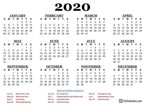 Free Printable 2020 Yearly Calendar With Holidays Riset