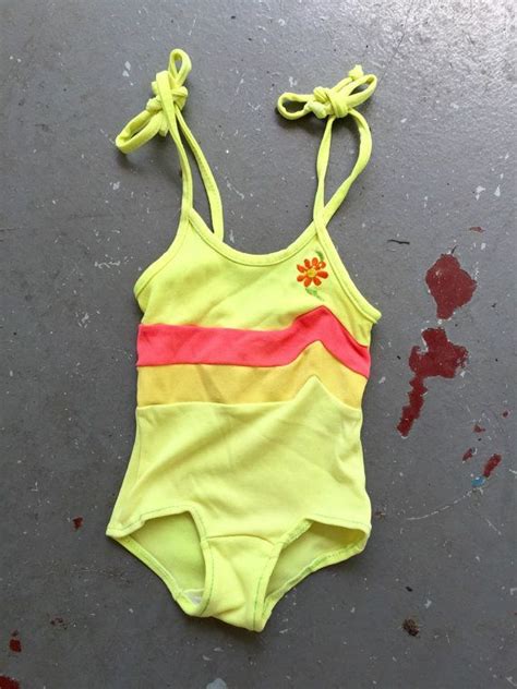 Infant Size Retro One Piece Neon Yellow Bathing Suit With Pink