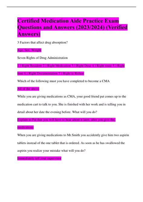 Certified Medication Aide Practice Exam Questions and Answers (2023/
