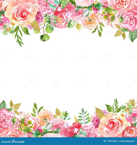 Beautiful Spring Floral Frame On White Background Watercolor Pink
