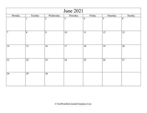 Optionally with marked federal holidays and major observances. Blank Editable June Calendar 2021 (Landscape)