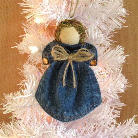 Upcycled Denim Angel Christmas Tree Ornament Denim Pocket Angel