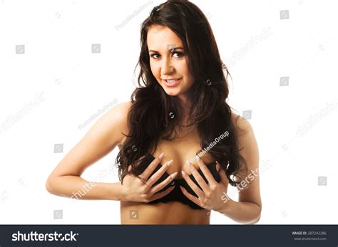 Smiling Sexy Woman Lingerie Touching Her Stock Photo