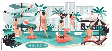 People At Pool Party In City Young Men And Women Having Fun Vector Illustration Cartoon