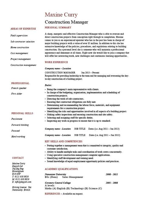 A professional curriculum vitae (cv) template that was developed in collaboration with multiple recruiters to increase your chances of getting your dream job. Construction manager CV template, building industry ...