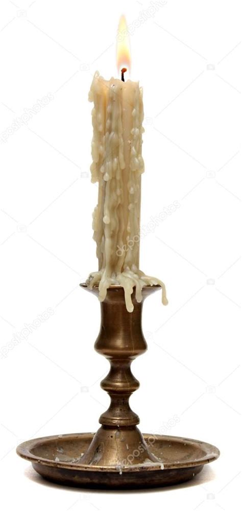 Burning Old Candle Vintage Bronze Candlestick Isolated On A White