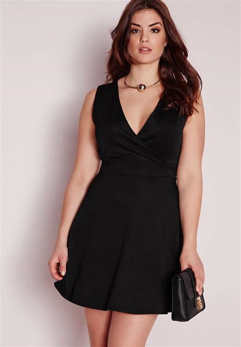 Plus Size Wrap Skater Dress Black Missguided Dresses