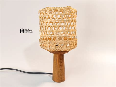 Small Modern Bamboo Table Lamp With Teak Wood Base Boho Etsy