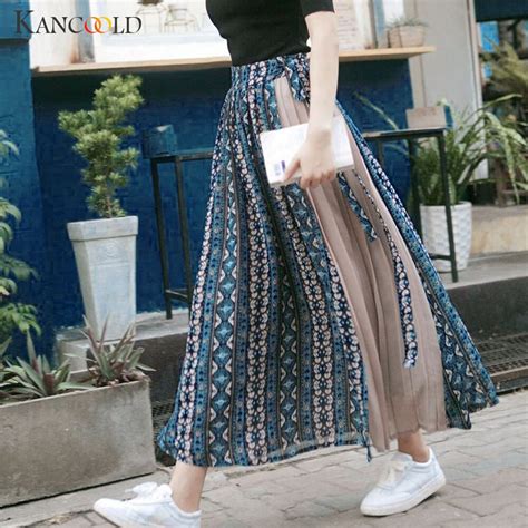 kancoold bohemian print women s print pleated pleated skirt lace elastic skirt ethnic wind