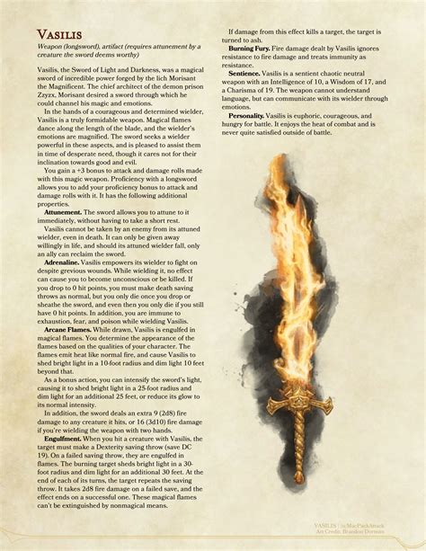 5e Magic Item Vasilis A Legendary Flaming Sword From The
