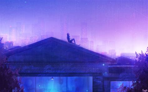 Maybe you would like to learn more about one of these? Wallpaper Anime Girl, Rooftop, Stars, Raining, Buildings ...