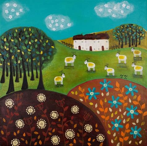 Folk Art Painting Whimsical Naive Painting Landscape With Etsy