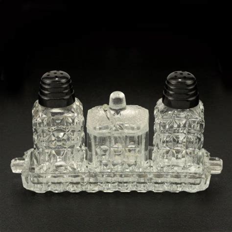 Pressed Glass Miniature Salt Pepper Mustard Tray Set Vtg Etsy