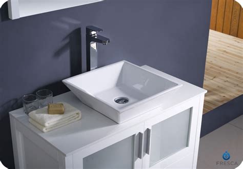 This sink has zero, one or three hole capability. 36″ Torino White Modern Bathroom Vanity w/ Vessel Sink ...
