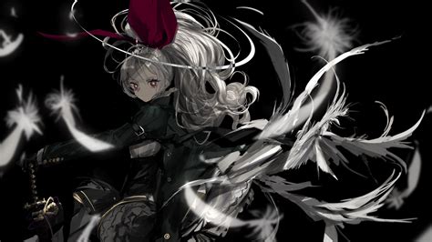 Aliasing Black Feathers Gloves Goth Loli Gray Hair Katana Lolita