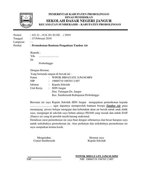 Penjelasan lengkap seputar contoh surat permohonan. Surat Permohonan Bantuan Tandon Air SDN Jangur