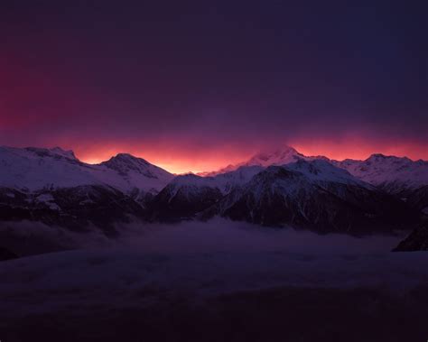 Download Wallpaper 1280x1024 Mountains Peaks Fog Sunset Sky Snow