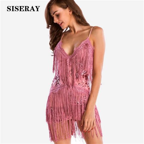 Elegant Deep V Backless Sequin Tassel Party Dress Womens Glitter Dress