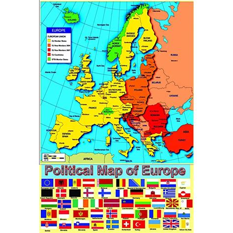 Buy Laminated Political Map Of Europe European Poster With Flags