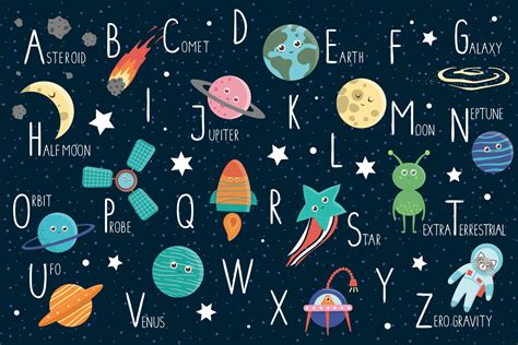 Space Alphabet For Children Cute Flat Abc With Galaxy Stars