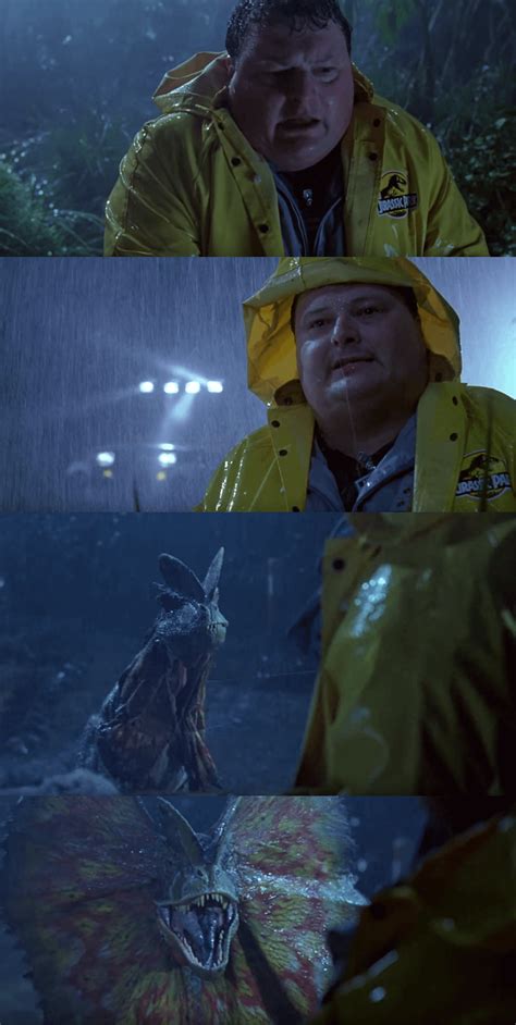 In Jurassic Park 1993 Dennis Nedry Puts His Hood Up After Seeing The Dilophosaurus