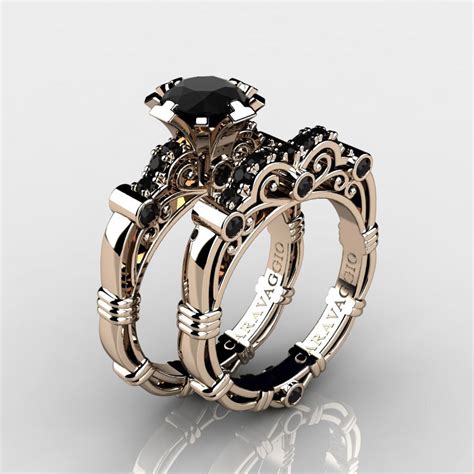 Art Masters Caravaggio 14k Rose Gold 1 0 Ct Black Diamond Engagement Ring Wedding Band Set R623s