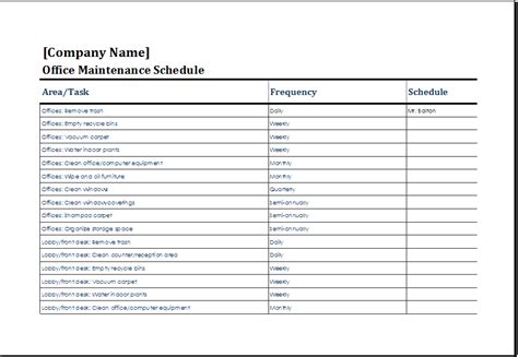 Office Maintenance Schedule Template Ms Excel Excel Templates