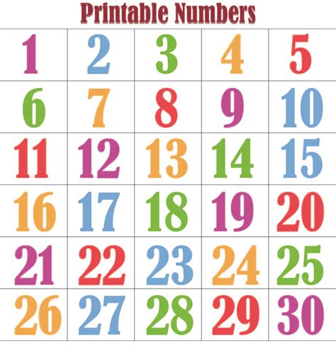 Printable Number Chart 1 30 Printable Numbers Free Printable Numbers