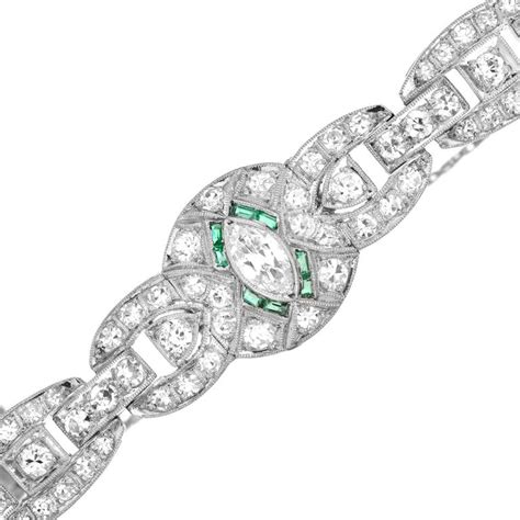 Antique Art Deco Diamond Emerald Platinum Filigree Bracelet at 1stDibs