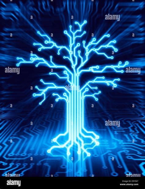 Glowing Digital Tree On Circuit Board Conceptual Illustration Blue On