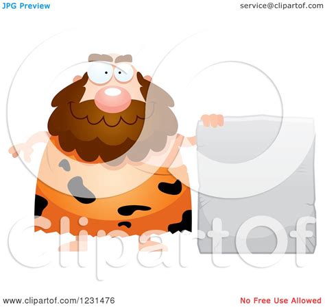Clipart Of A Happy Caveman By A Stone Tablet Sign Royalty Free Vector