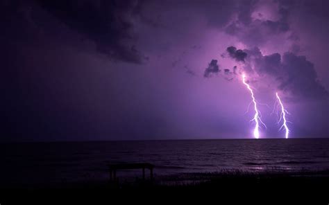 Lightning Nighttime Oceans Purple Nature Clouds Hd Wallpaper Peakpx