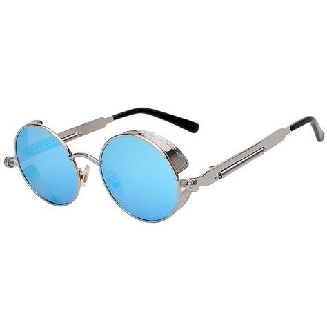 060 c6 steampunk gothic sunglasses metal round silver frame blue ice mirror lens one pair