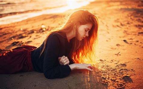 Long Hair Girl Lying On Beach Sunshine Dusk Wallpaper Girls