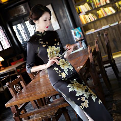 Aliexpress Com Buy Long Traditional Silk Cheongsam Dress Black Chinese Qipao Red Women Chinese