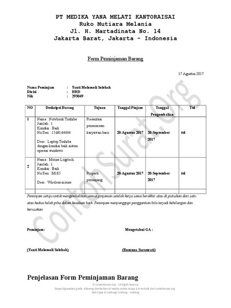 Contoh Form Peminjaman Barang Inventaris Kantor 02doc