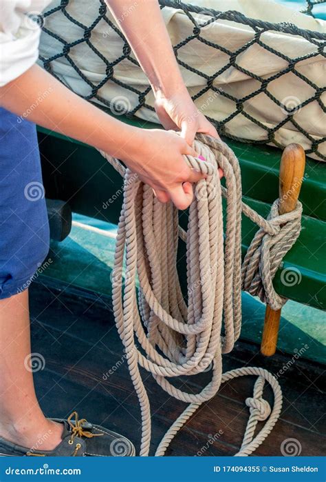Sailor Securing Ropes With A Sailor Knot Stock Image Image Of Joining