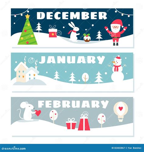 Winter Months Calendar Flashcards Set Cartoon Vector Cartoondealer