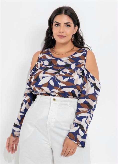 Blusa Folhagem Ombros Vazados Plus Size Marguerite