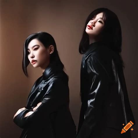 Two Actresses In Black Leather Coats In A Dark Room On Craiyon