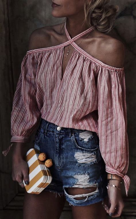 Red And White Striped Off Shoulder Top Summer Outfits Casual Outfits