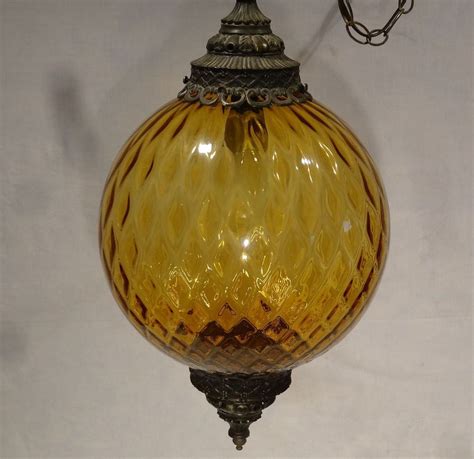 Vintage Mid Century Retro Amber Round Glass Hanging Light Swag Lamp 12